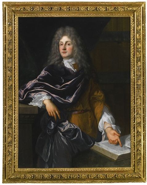 Portrait Of An Elegant Man, Three-quarter Length, Standing And Pointing Towards The Pages Of An Open Book Oil Painting by Francois de Troy