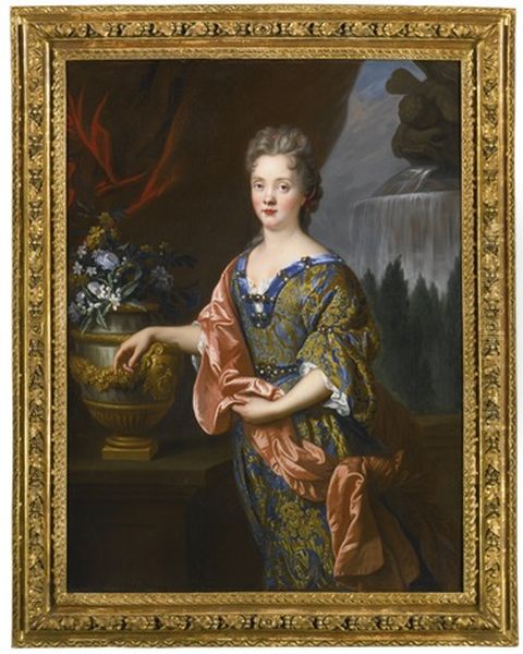 Portrait Of An Elegant Woman, Three-quarter Length, Standing Before A Fountain, Her Arm Resting On An Urn With Flowers Oil Painting by Francois de Troy