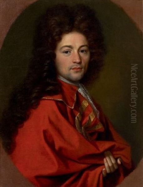 Portrait De Gentilhomme En Habit Rouge Brode D'or Dans Un Ovale Peint Oil Painting by Jean de Troy