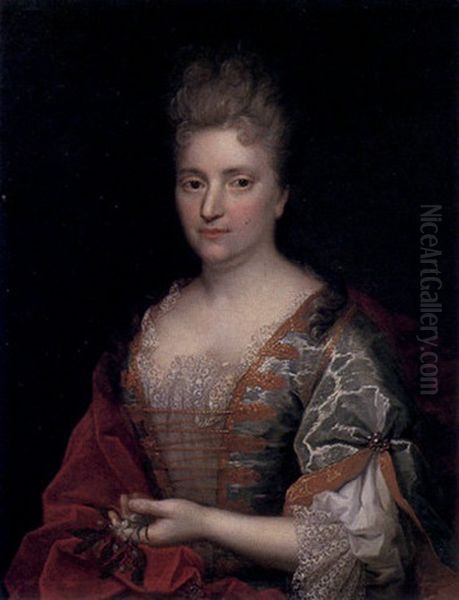 Portrait De Femme Tenant Une Branche D'eglantine Oil Painting by Jean de Troy