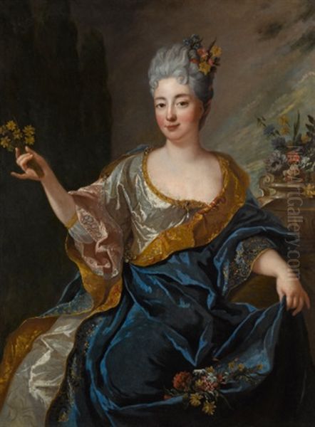 Portrait Of A Lady, Three-quarter-length, Holding Flowers Oil Painting by Jean Francois de Troy