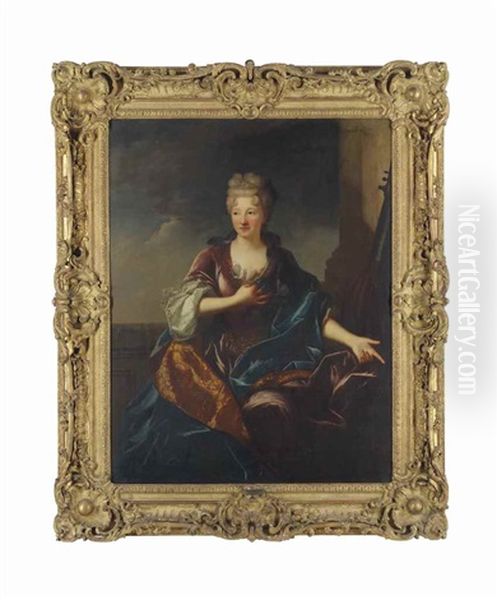 Portrait Of A Lady, Three-quarter-length, In A Red Dress And A Blue Mantle Oil Painting by Jean Francois de Troy