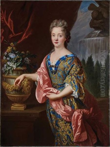 Portrait Of An Elegant Lady Resting Her Arm On An Urn Oil Painting by Jean Francois de Troy