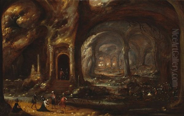 Interior Of A Grotto With Robbers And A Woman Held Captive Oil Painting by Rombout Van Troyen