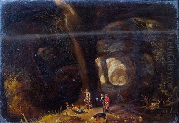 Joyeuse Compagnie Dans Un Paysage A Loree Dune Grotte Oil Painting by Rombout Van Troyen