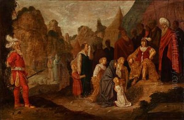 Two Religious Scenes: One With Women And Children Interceding With A Commander, The Other With A Procession Of People With Bulls And Garlands (2 Works) Oil Painting by Rombout Van Troyen