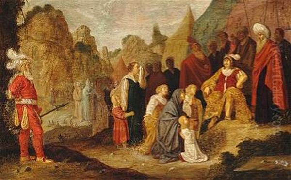 Two Religious Scenes. One With Women And Children Interceding With A Commander, The Other With A Procession Of People With Bulls And Garlands, That One From The Acts Of The Apostles 14: 11-18 (2 Works) Oil Painting by Rombout Van Troyen