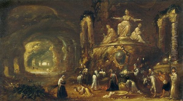 Felsgrotte Mit Opferszene Vor Einer Weiblichen Gottheit Oil Painting by Rombout Van Troyen