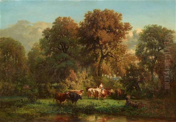 Wooded Landscape With A Herd Of Cattle Oil Painting by Constant Troyon