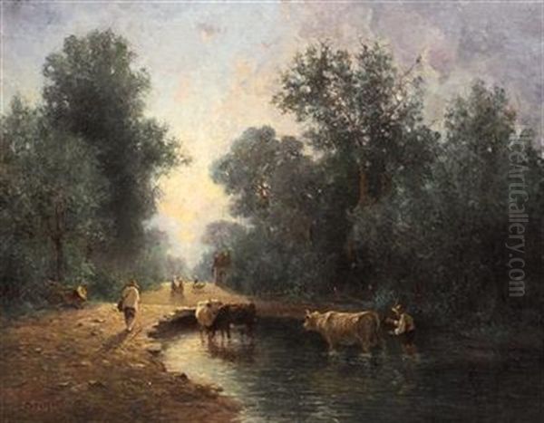 Herd And Herdsmen At The Watering Place In The Wood Oil Painting by Constant Troyon