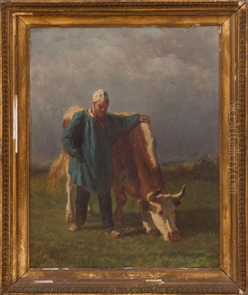 Figure And Cow Oil Painting by Constant Troyon