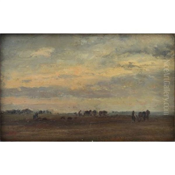 Labourage En Plain, Ciel Nuageux Oil Painting by Constant Troyon