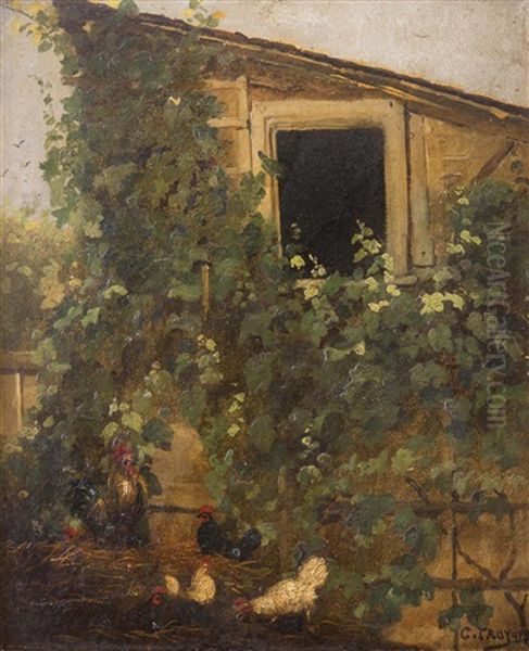 Huhner Vor Mit Weinranken Bewachsenem Schuppen Oil Painting by Constant Troyon