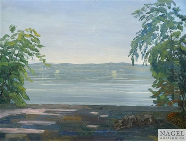 Terrasse Am Ufer Des Starnberger Sees Mit Des Kunstlers Dogge Caesar In Schatten Oil Painting by Wilhelm Truebner