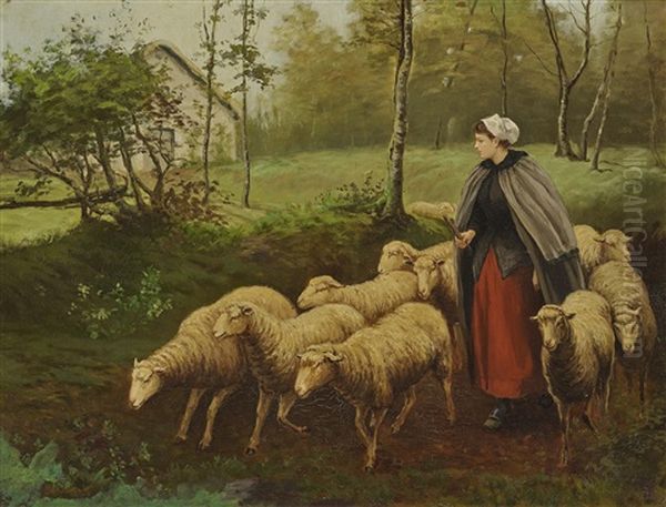 Shepherdess With Flock Of Sheep Oil Painting by Gaylord Sangston Truesdell