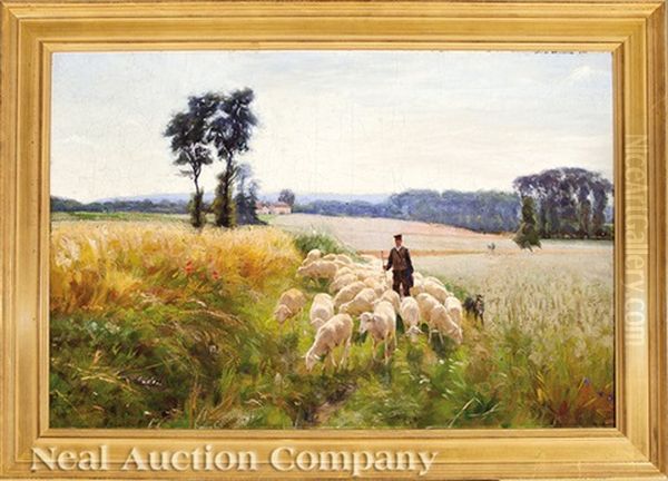 A Shepherd And His Flock Within A Vast Landscape Oil Painting by Gaylord Sangston Truesdell