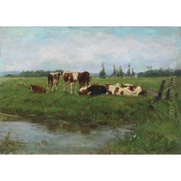 Cows Resting Near A Stream Oil Painting by Gaylord Sangston Truesdell