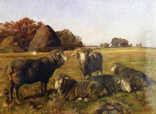 Sheep In A Pasture With Haystacks In The Background Oil Painting by Gaylord Sangston Truesdell