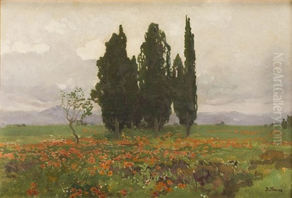 Italian Landscape With Cypresses Oil Painting by Ivan Trusz