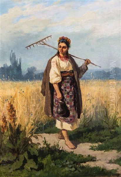 Peasant Girl In Ukrainian Costume With Flowered Hair In Summer Landscape Oil Painting by Konstantin Aleksandrovich Trutovsky