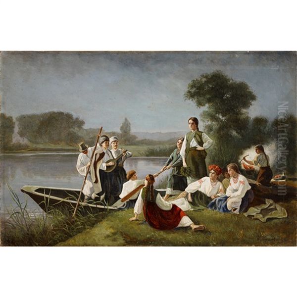 Ukranian Villagers Along The Shore Oil Painting by Konstantin Aleksandrovich Trutovsky