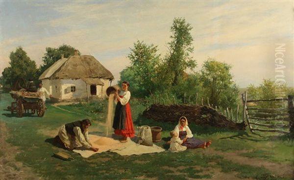 Summer In The Village Oil Painting by Konstantin Aleksandrovich Trutovsky