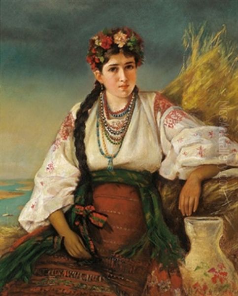 Bildnis Einer Blumengeschmuckten Frau In Ukrainischer Tracht Oil Painting by Konstantin Aleksandrovich Trutovsky