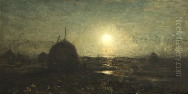 Haystacks At Sunset Oil Painting by Dwight William Tryon