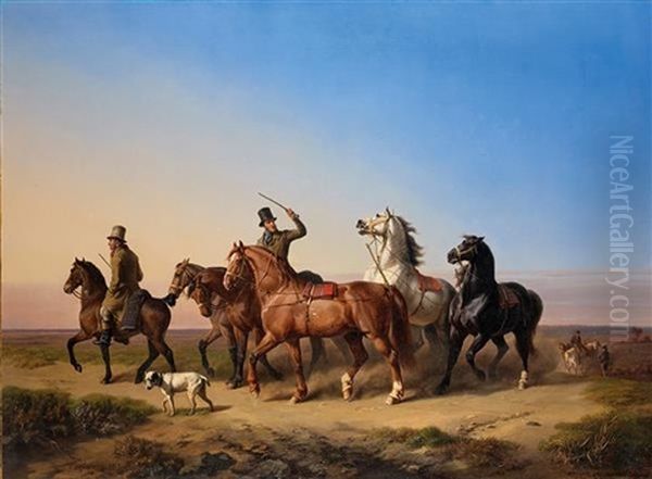 Cavaliers Conduisant Leur Monture Oil Painting by Charles Philogene Tschagenny