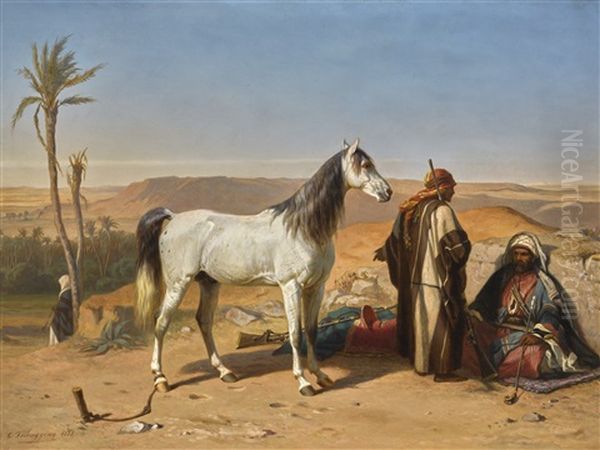 An Arabian In The Desert Oil Painting by Charles Philogene Tschaggeny