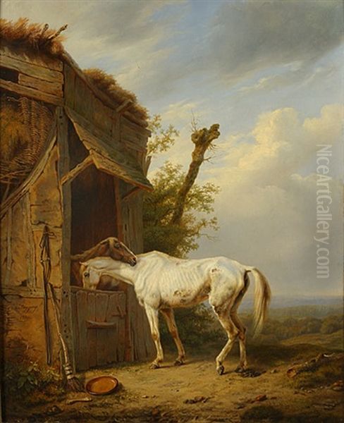 Paire De Chevaux Oil Painting by Charles Philogene Tschaggeny