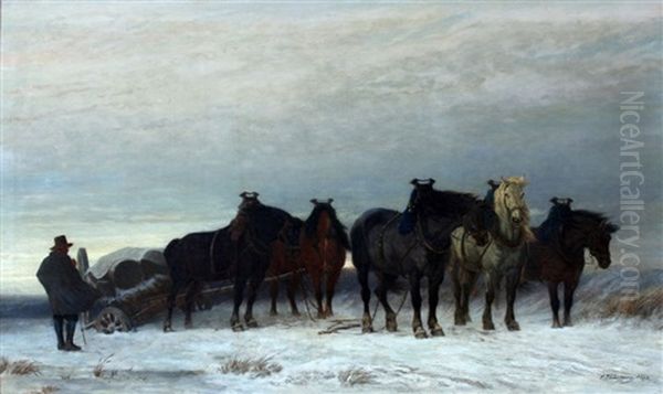 Paarden Met Wagen In De Sneeuw Oil Painting by Charles Philogene Tschaggeny