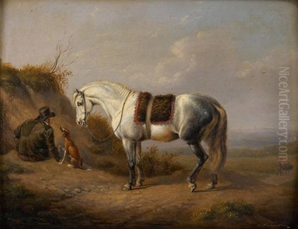 Cavalier Et Son Chien Sur Fond De Paysage Oil Painting by Charles Philogene Tschaggeny