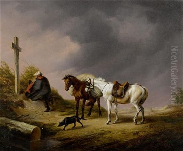 Betender Reisender Vor Aufziehendem Gewitter Oil Painting by Charles Philogene Tschaggeny