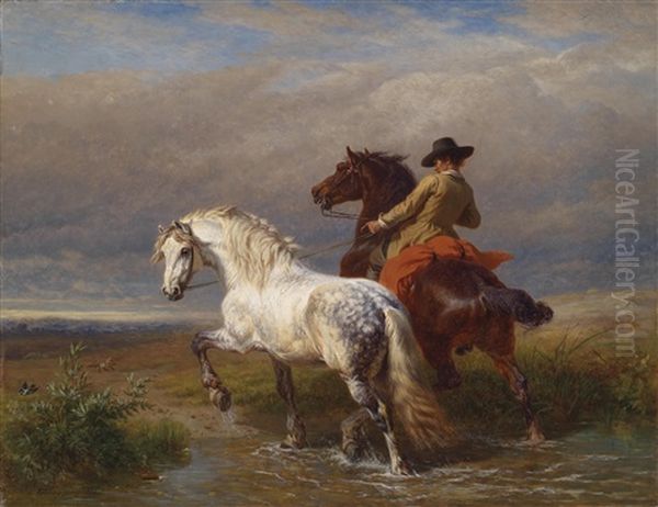 Reiter Mit Schimmel An Der Furt Oil Painting by Charles Philogene Tschaggeny