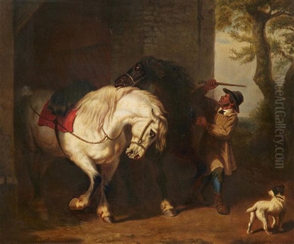 Horses By A Stable Oil Painting by Edmond Tschaggeny