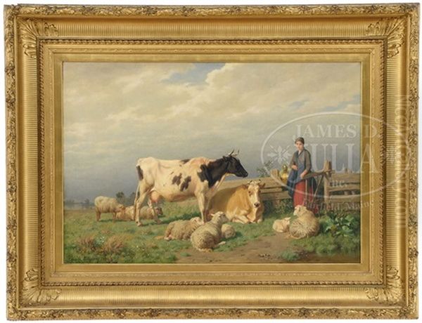 Milkmaid Entering A Field With Cows And Sheep Oil Painting by Edmond Tschaggeny