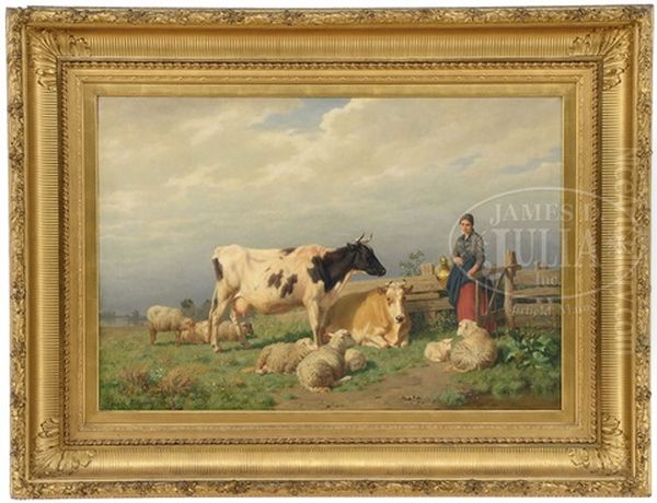 Milkmaid Entering A Field With Cows And Sheep Oil Painting by Edmond Tschaggeny