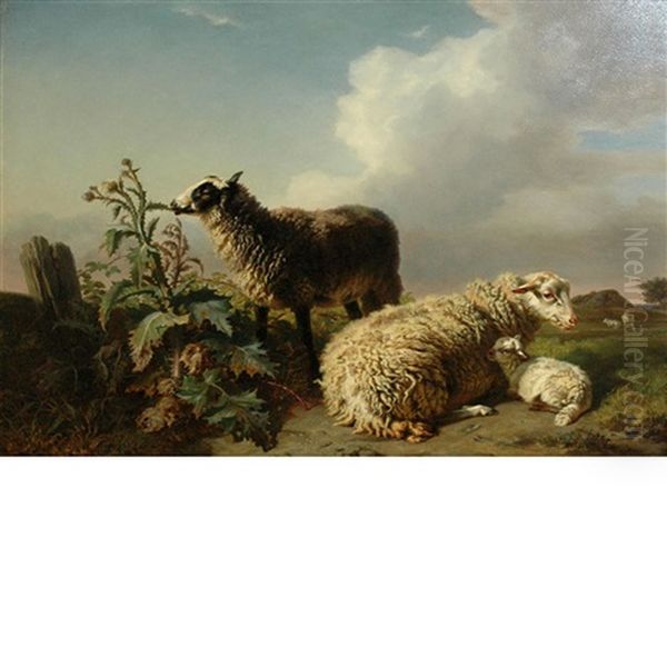 Sheep In A Landscape Oil Painting by Edmond Tschaggeny