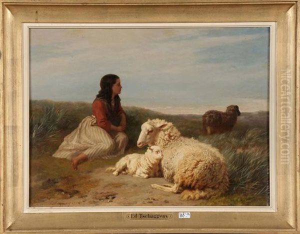 Bergere Et Son Troupeau Dans Les Dunes Oil Painting by Edmond Tschaggeny