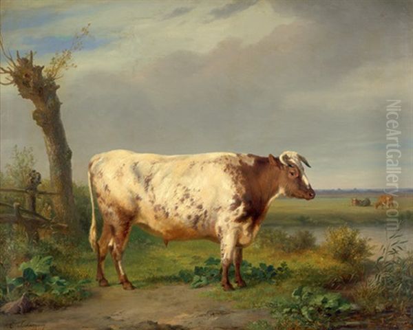 Polderlandschaft Mit Braun-weis Geflecktem Stier Oil Painting by Edmond Tschaggeny