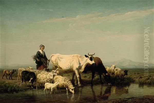 A Herder Watering Her Livestock Oil Painting by Edmond Tschaggeny