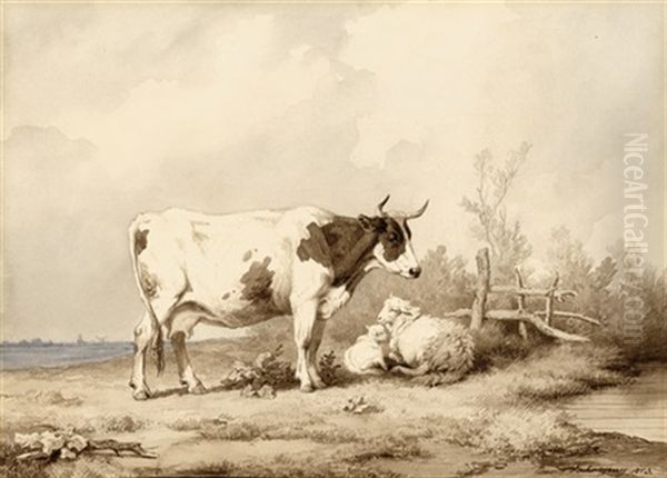 Polderlandschaft Mit Stier Oil Painting by Edmond Tschaggeny