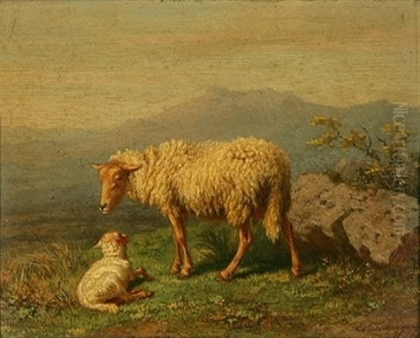 Mouton Et Brebis Oil Painting by Edmond Tschaggeny