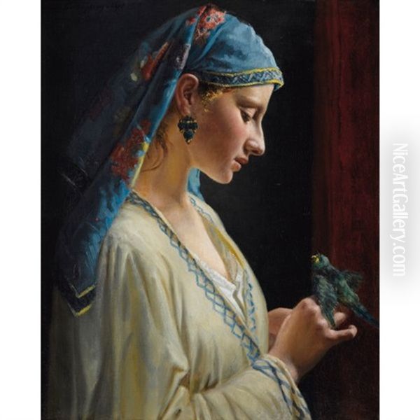 Jeune Femme A La Perruche Oil Painting by Frederic Pierre Tschaggeny