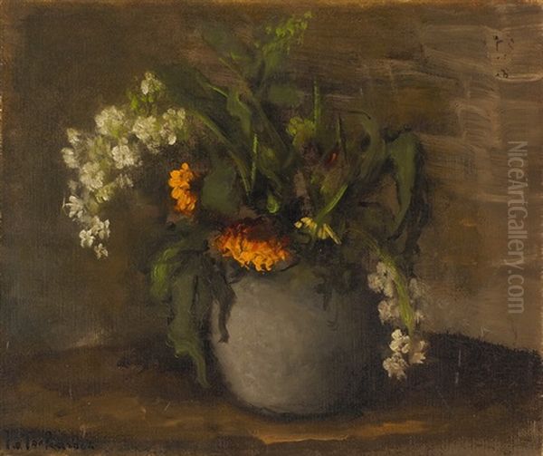 Blumenbouquet In Einem Steingutkrug Oil Painting by Johann Wilhelm Von Tscharner