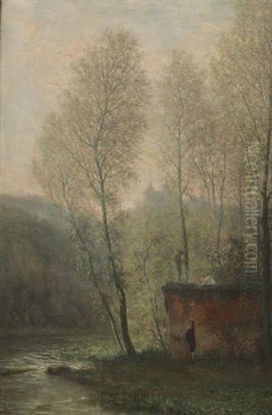 Scene Romantique Pres D'une Riviere Avec Un Chateau A L'arriere-plan Oil Painting by Theodore Antoine Tscharner