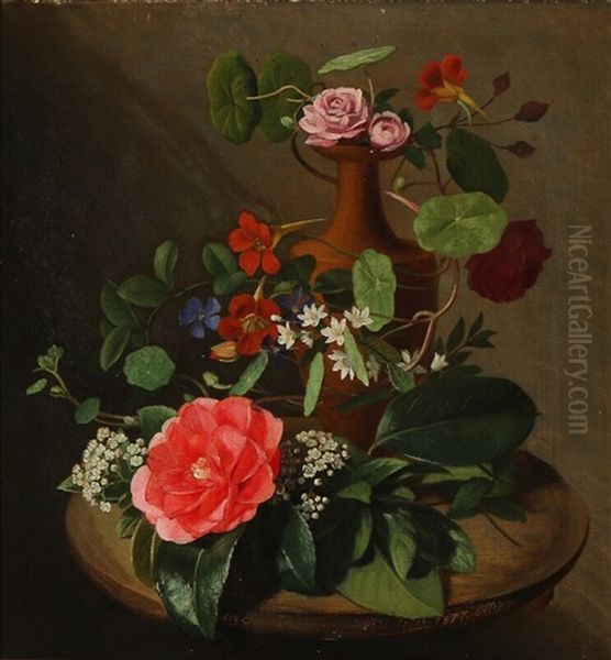 Roses, Creepers And Other Flowers In A Vase On A Table Oil Painting by Sara Tscherning