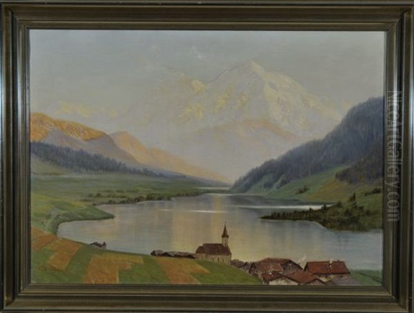 Kleines Dorf Am Bergsee Vor Einer Massiven Hochgebirgskette Oil Painting by Josef Tscholl