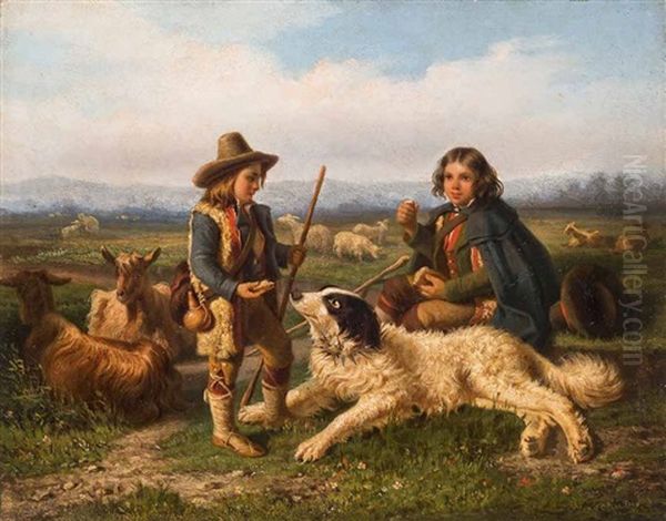 Zwei Hirtenknaben, Mit Ziegen, Schafen Und Einem Grosen Hirtenhund by Herbert Bolivar Tschudy